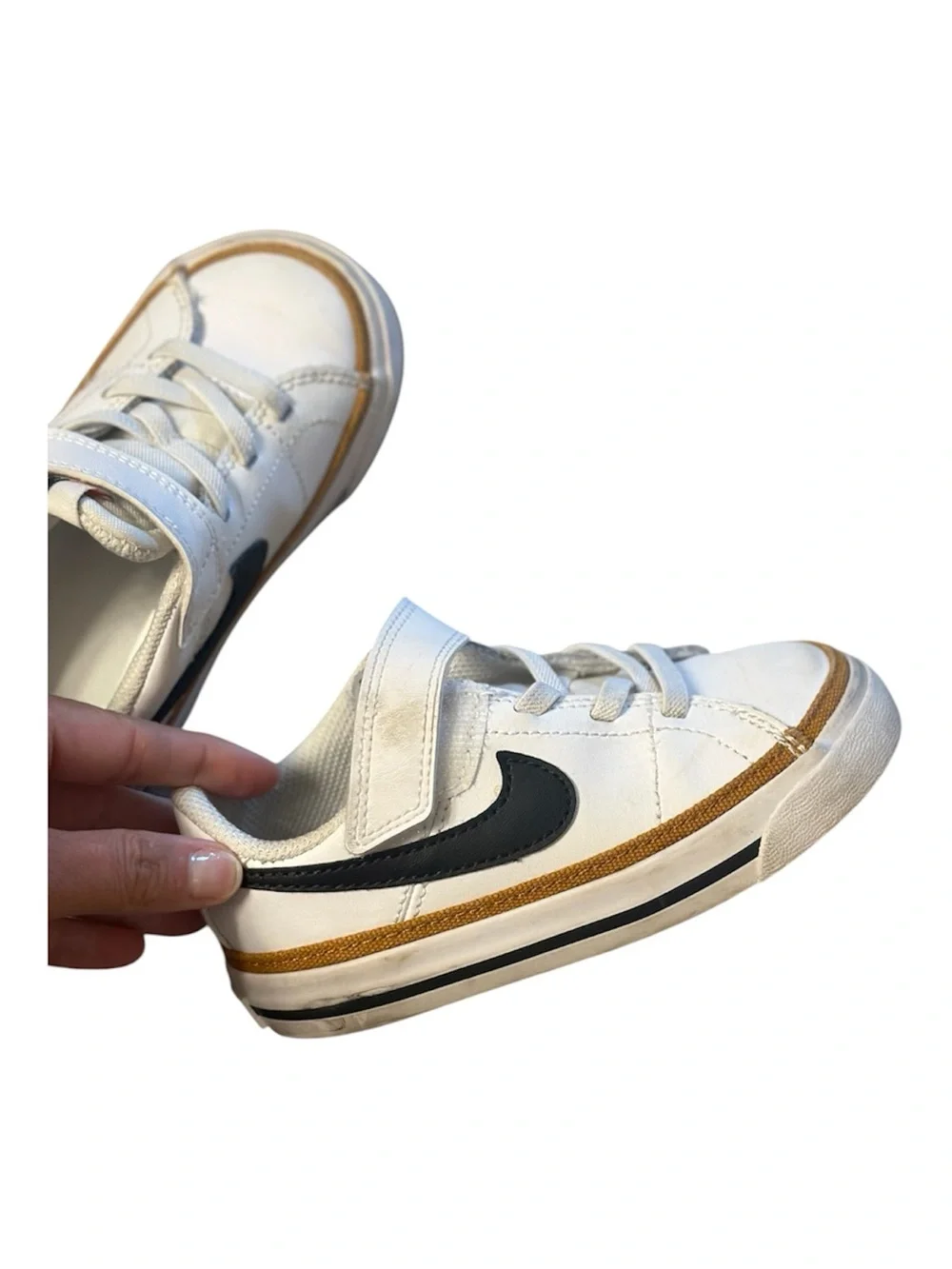Nike Kids White Sneakers with Black Swoosh and Tan Accent
